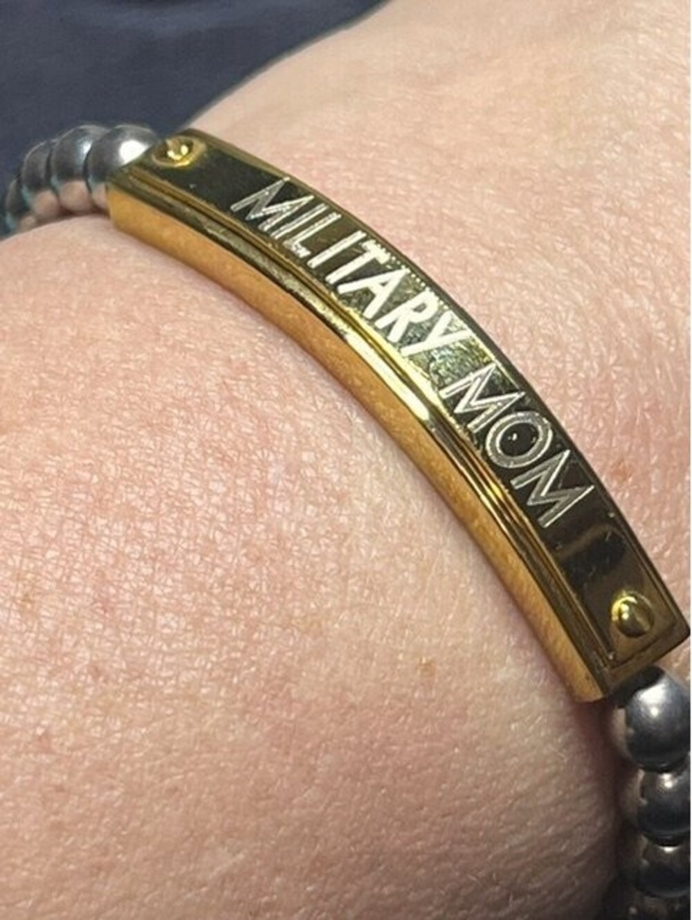 B6625 Rustic Cuff MILITARY MOM Gold Tone Bar Silver Beaded Stretch Bracelet